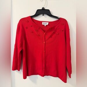 Vintage Women's Red 3/4 sleeve Cardigan with red ribbon Rose detail SZ 16P